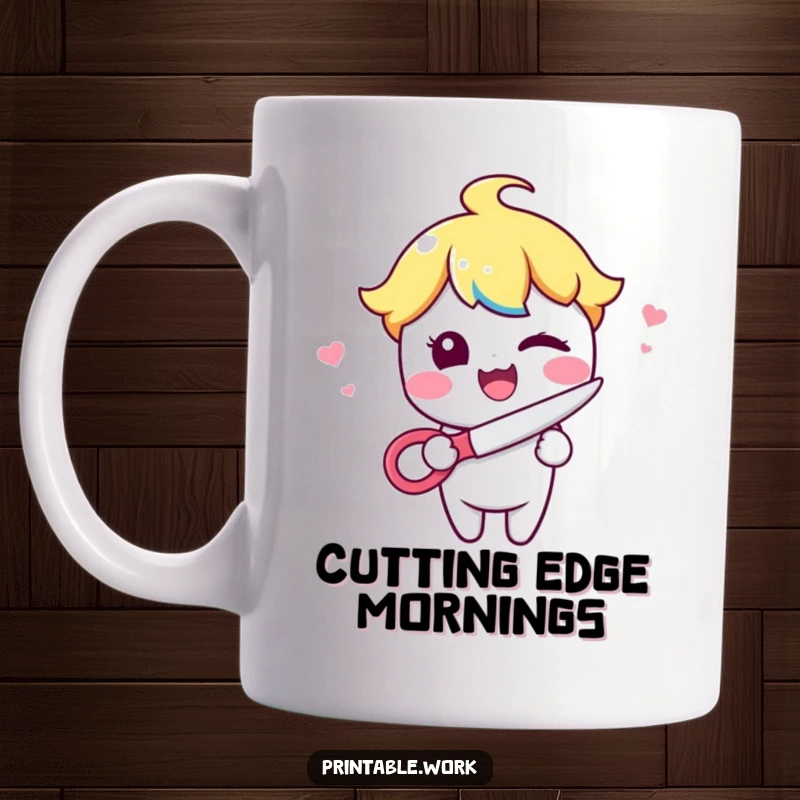 Funny Kawaii character with a cheerful wink, holding a pair of sharp scissors, celebrating precision and playful mischief.