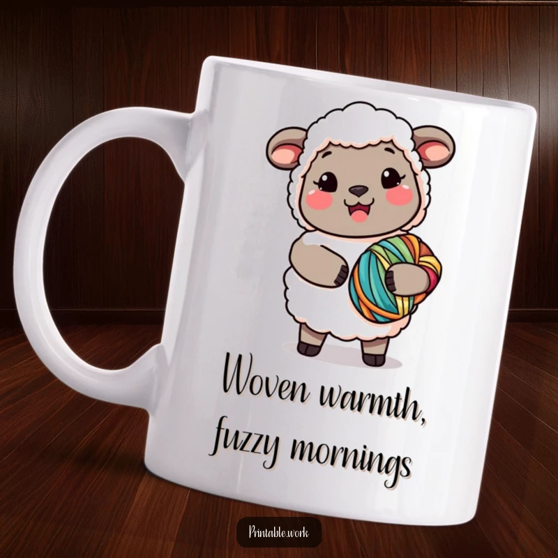 Funny Kawaii Sheep Yarn Mug featuring a joyful sheep holding a big ball of colorful yarn, perfect for crafters and a funny gift.