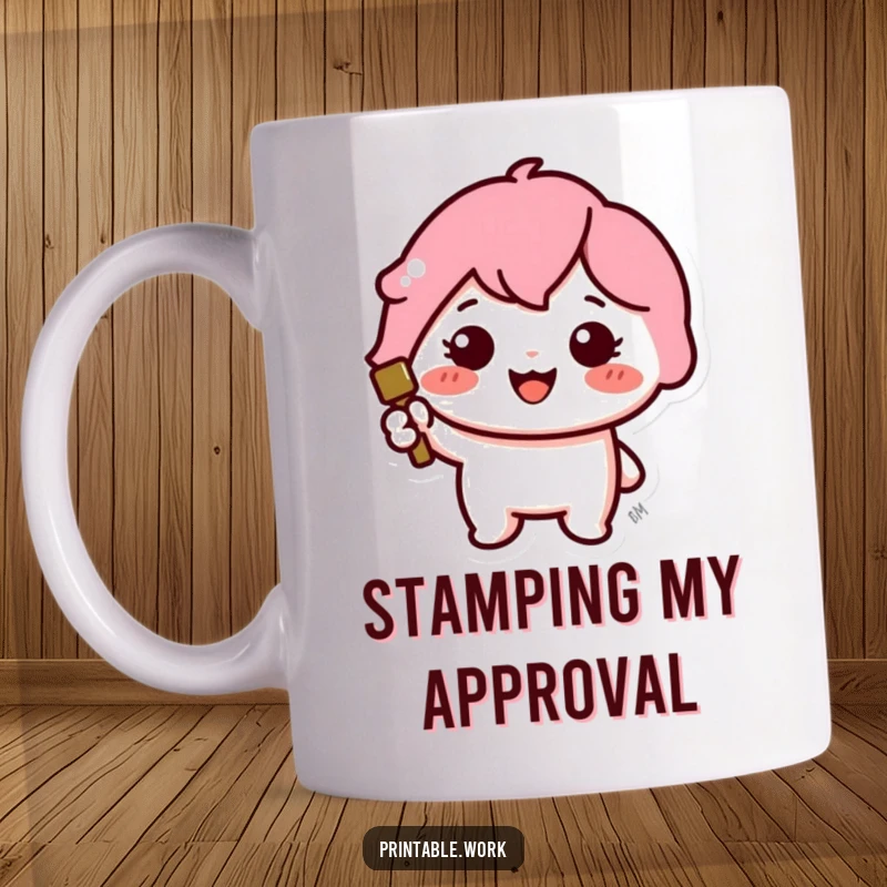 Funny mug featuring a cute Kawaii character cheerfully stamping a large, vibrant, colorful icon.