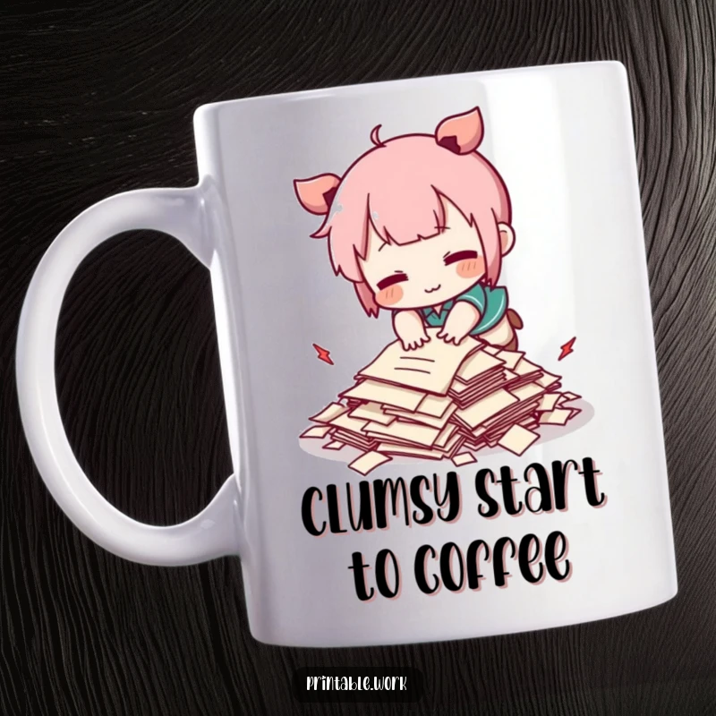 Funny Kawaii character comically tripping over a tiny pile of important papers on a coffee mug, cute and relatable.