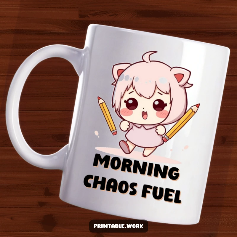 Funny Kawaii character hilariously tripping and falling amongst scattered pencils, celebrating clumsy moments with joy.