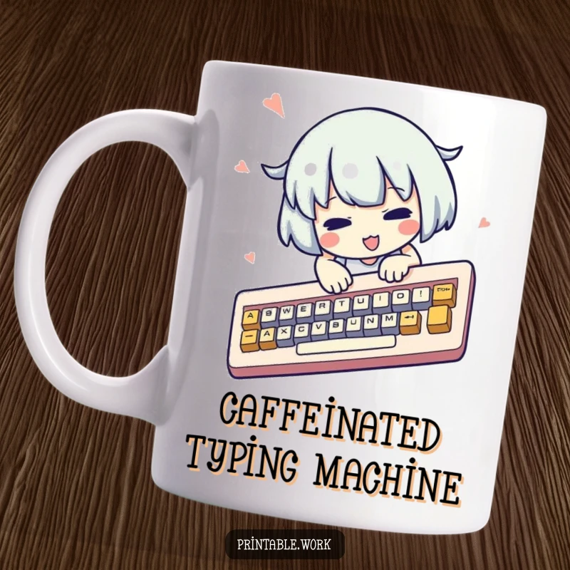 Funny kawaii character mug, frantically typing on a comically oversized keyboard, cute, busy, tech-themed, perfect funny gift.