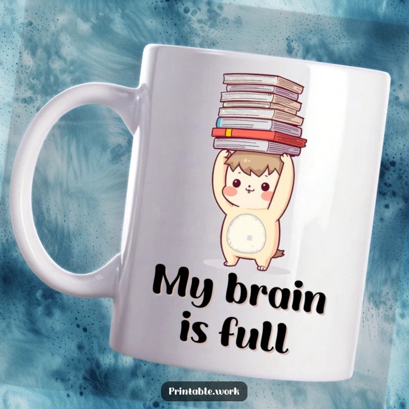 Funny mug with a stressed character teetering a tall stack of papers on its head, office humor gift.