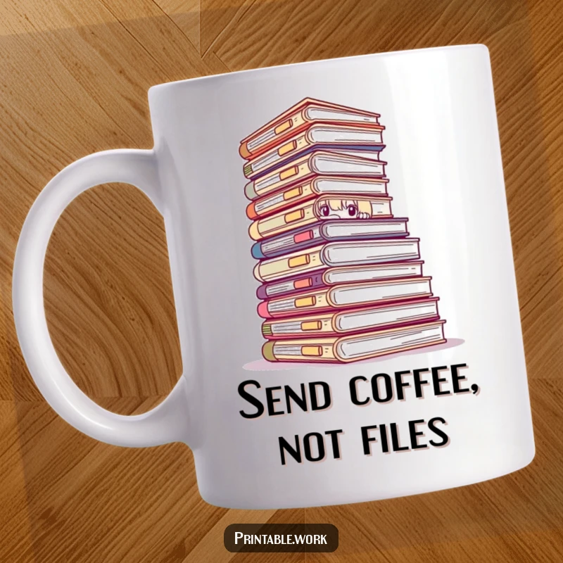 Funny mug featuring an office worker peeking over a massive stack of files, conveying workplace stress and humor.