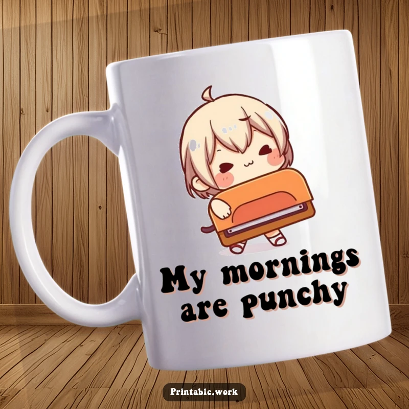 Funny mug showing a character comically struggling to use an impossibly large hole punch with comical effort.