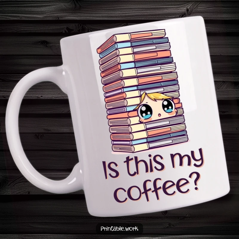 Funny character mug, surprised looking at a towering stack of files with wide eyes, overwhelmed, office humor, perfect funny gift.