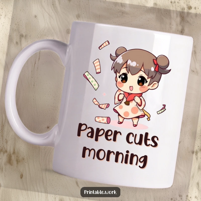 Funny mug featuring a character playfully juggling patterned paper rolls, expressing creative joy and humor.
