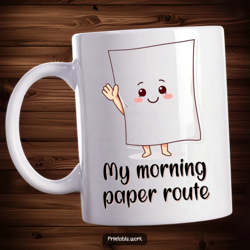 Funny Mug featuring a smiling paper character enthusiastically waving a very large sheet of paper, spreading cheer.