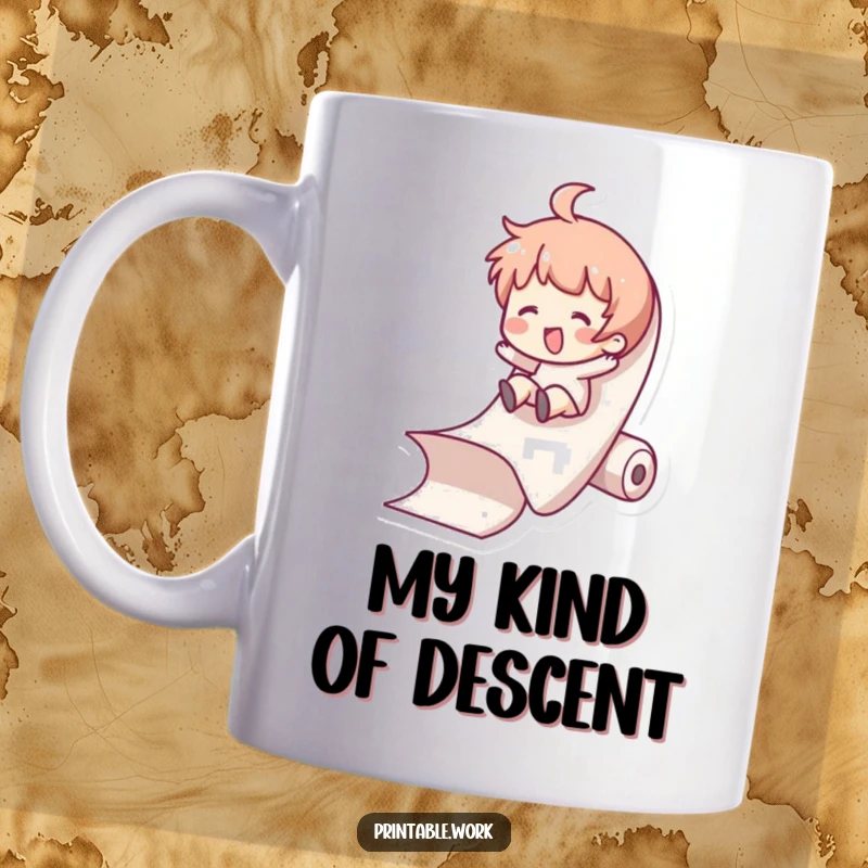 Funny Mug: Character gleefully slides down a giant roll of paper, embracing office absurdity with pure delight.