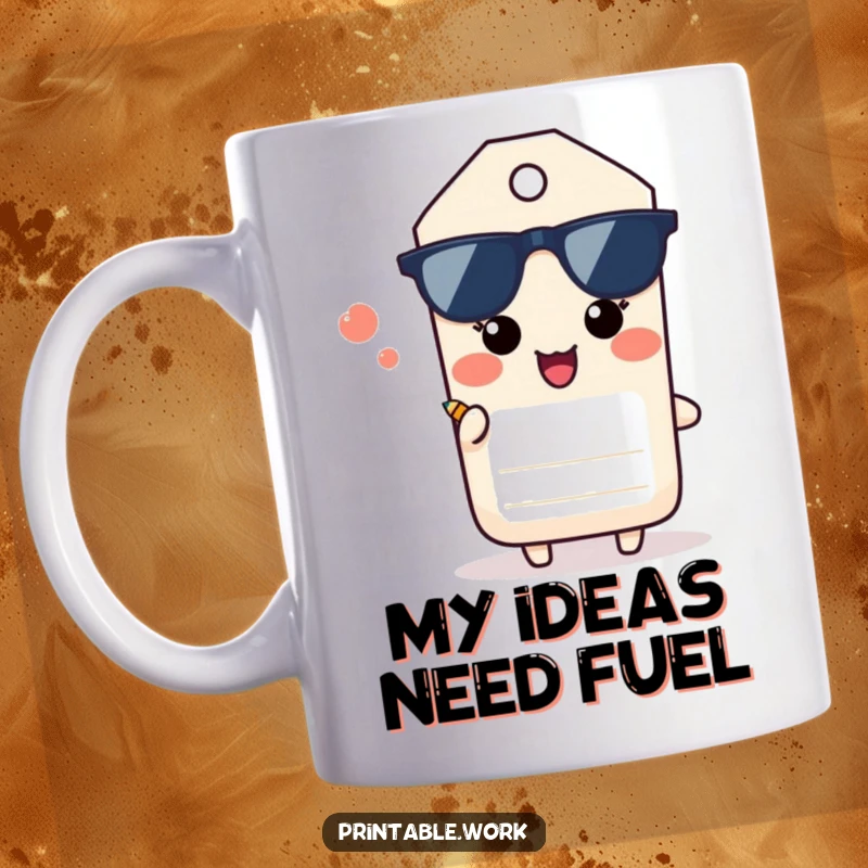 Funny Paper Tag Mug: A happy paper tag character sighs contentedly while offering a small pencil, perfect for school or office.