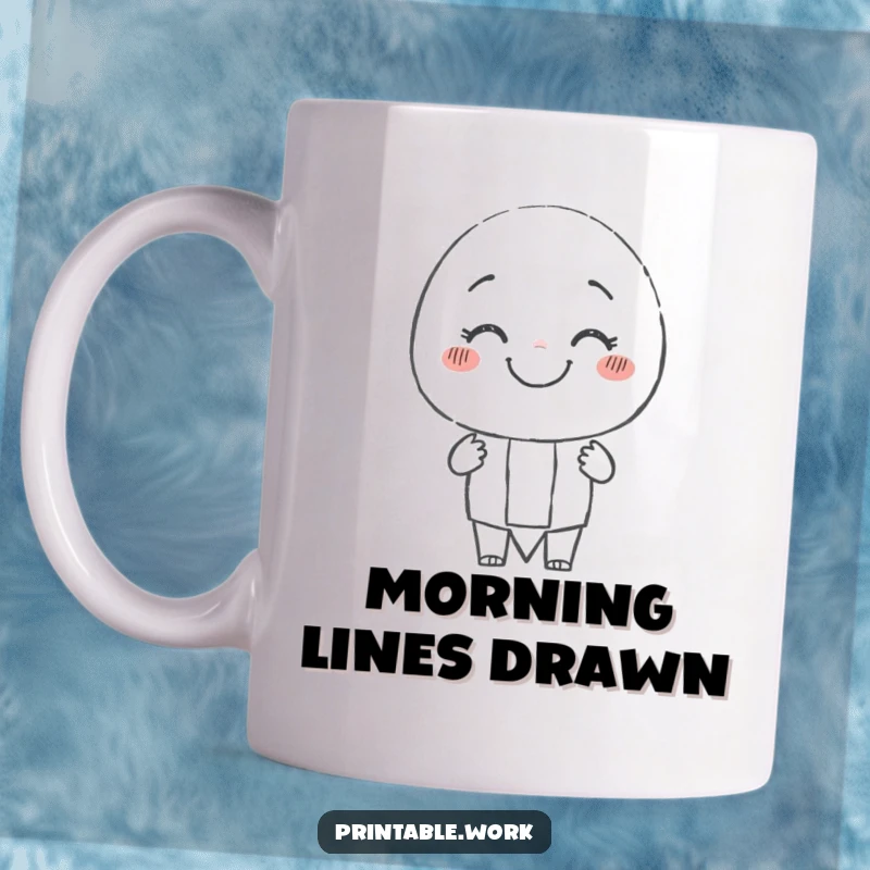 Funny smiling pencil character mug, joyfully drawing a cheerful, slightly wobbly line, celebrating creativity and art.