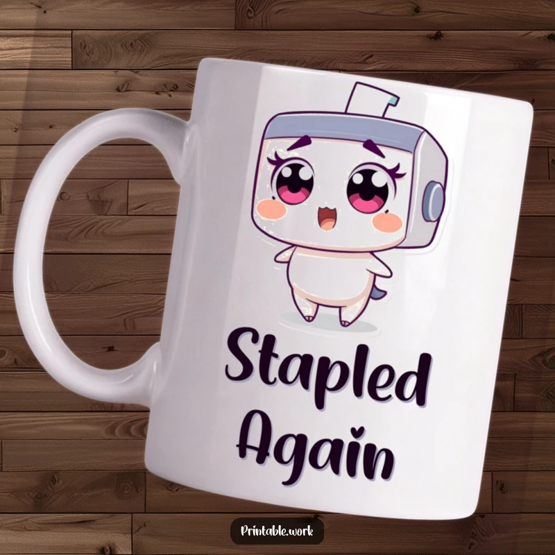 Funny mug: Wide-eyed printer character comically startled and surprised by a flying staple, office humor.