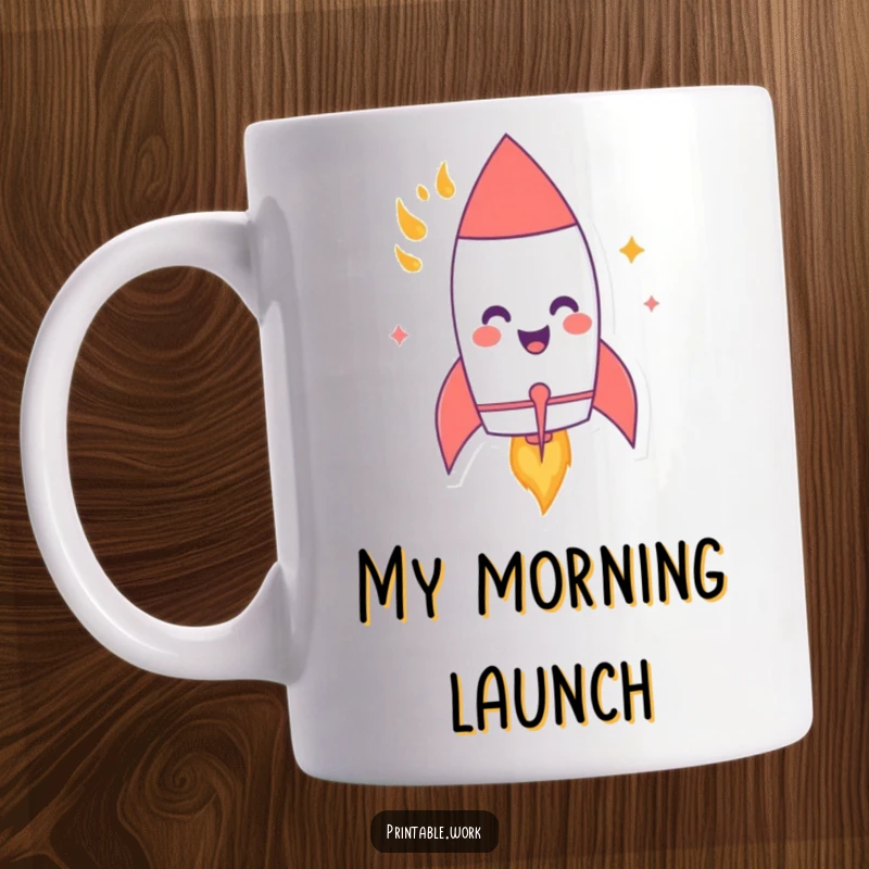 Funny mug showing a giggling paper rocket character with playful flames, blasting off into the sky with excitement.