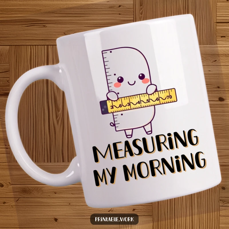 Funny ruler character gleefully measuring a series of humorous zigzags on a mug, showcasing a playful approach to measurement and angles.