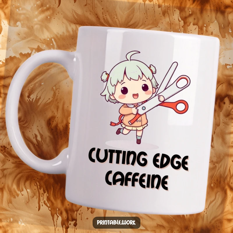Funny Mug: Character joyfully dances a jig while holding oversized scissors, embodying playful chaos.