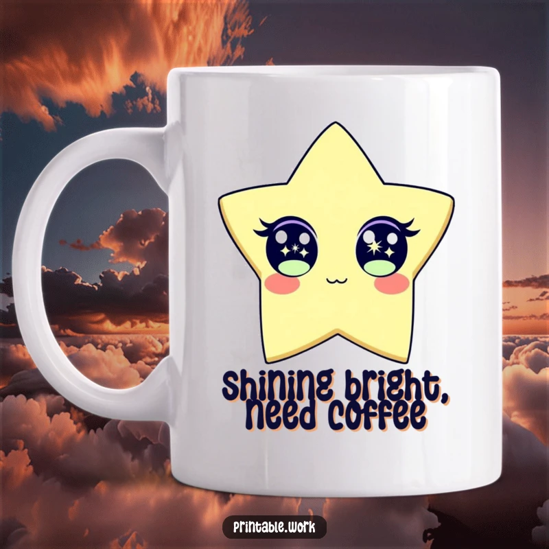 Funny Mug featuring a paper star character with wide, sparkling eyes, radiating pure joy and excitement. A truly uplifting design.