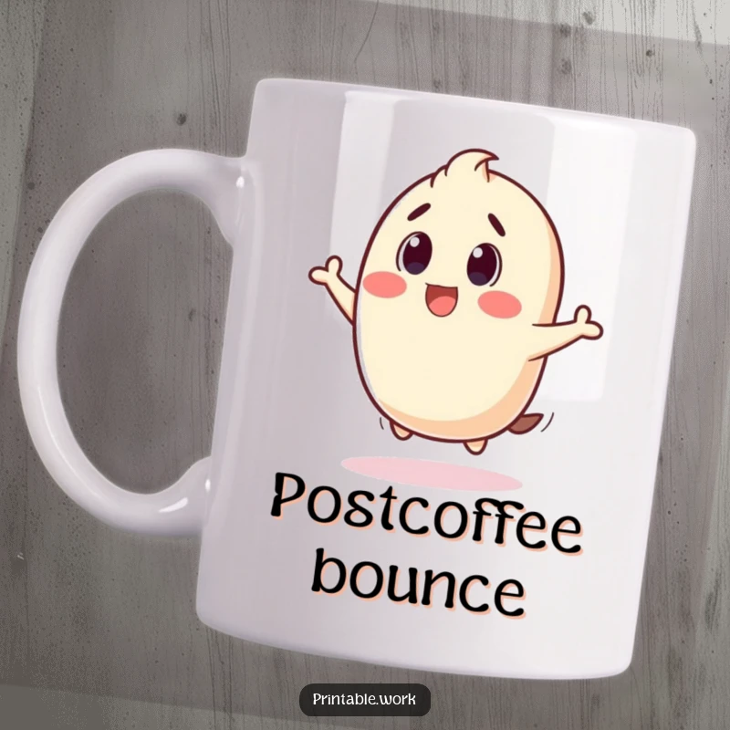 Funny mug showing a surprised stamp character bouncing with a joyful 'thud', capturing the humor of unexpected moments.