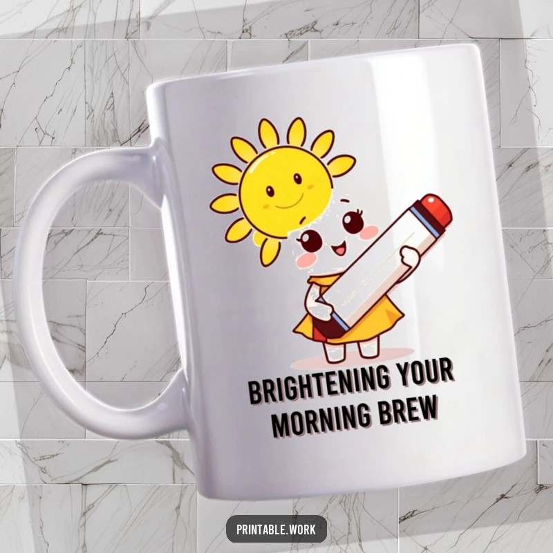 Funny Mug: A cute character joyfully holds a giant marker, drawing a bright, smiling sun.