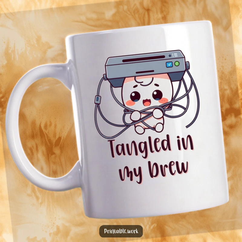 Funny Tech Trouble Mug showing a cute Kawaii character with a surprised expression, comically tangled in a messy knot of printer cables.