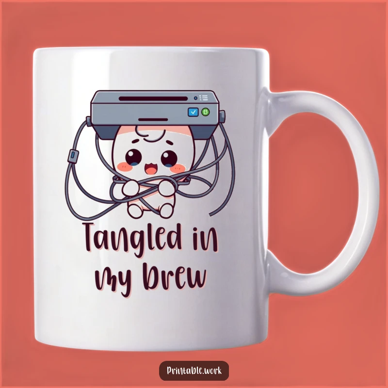 Funny Tech Trouble Mug: Surprised Kawaii Character Tangled in Cables Gift