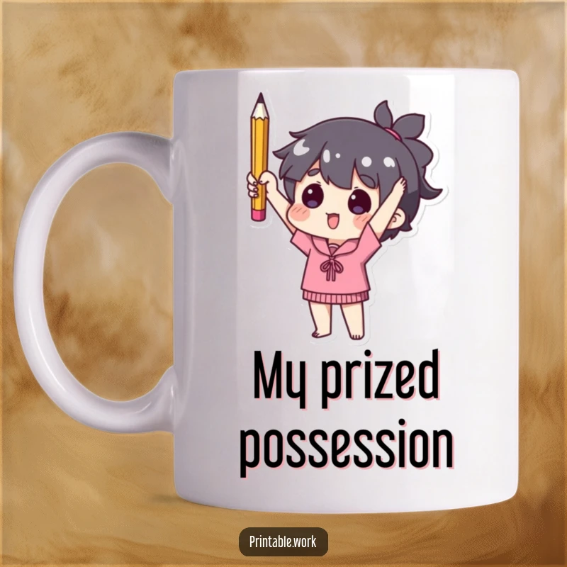 Funny mug featuring a character proudly displaying a single, well-used pencil, celebrating minor office accomplishments humorously.