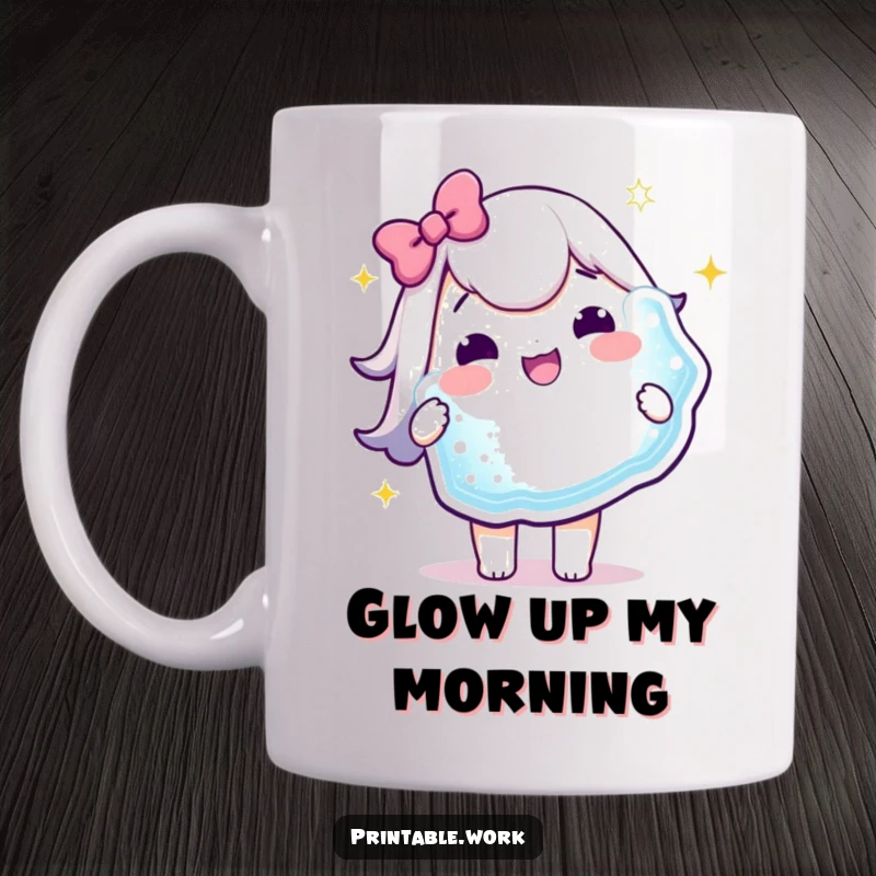Funny Mug: A delighted Kawaii character beams with joy while holding a huge, shimmering, sparkly sticker, radiating happiness.
