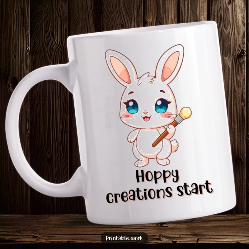 Cheerful Bunny Mug: A happy bunny with bright eyes holds a paintbrush, ready to create colorful art, bringing smiles and artistic flair.
