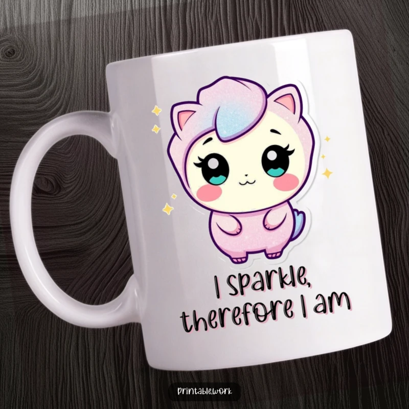Funny mug featuring a curious glitter character sparkling and wiggling with playful energy, perfect for a whimsical gift.