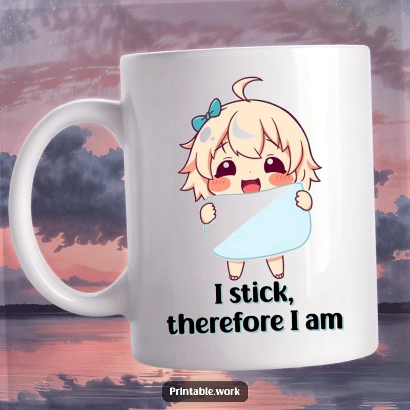 Funny Mug: Delighted character with a huge sticker, radiating pure joy and excitement, perfect for sticker fanatics.