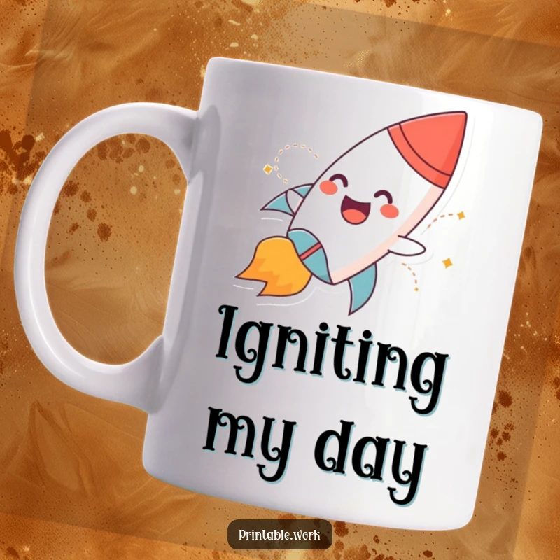 Funny mug featuring a giggling paper rocket character with flames blasting off, symbolizing excitement and rapid progress, a fun gift.