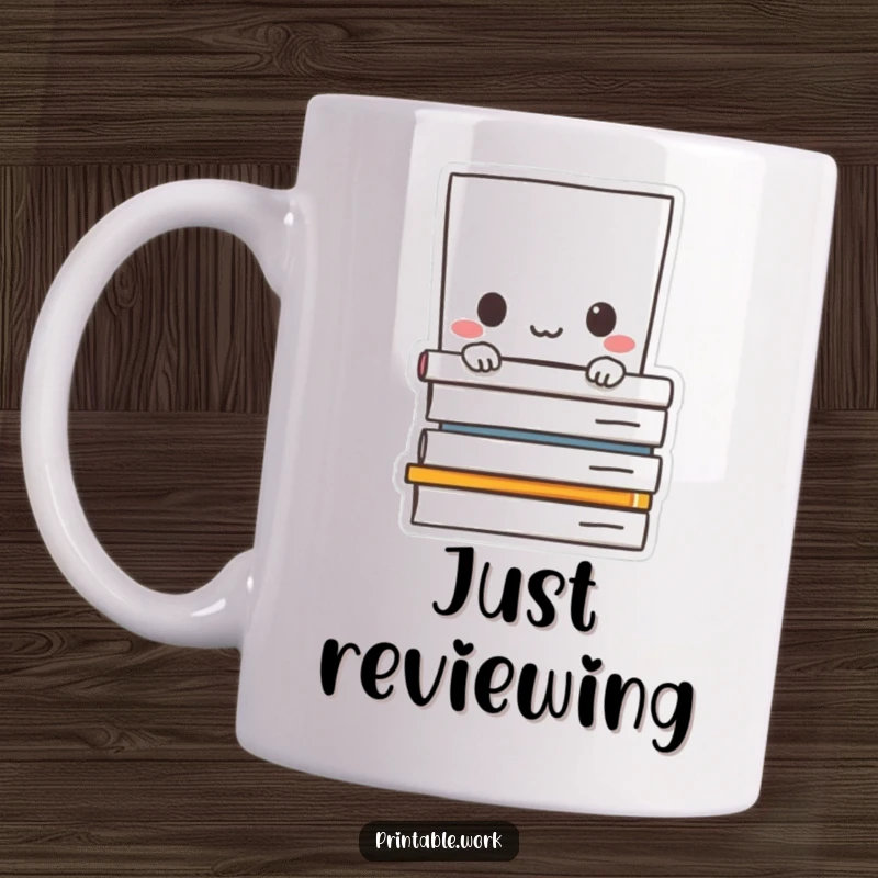 Funny mug: Shy paper character peeking from behind a large stack of documents, office introverts humor.