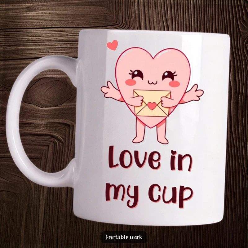 Funny Paper Heart Mug: A paper heart character with open arms hugs a small envelope, symbolizing love and connection.