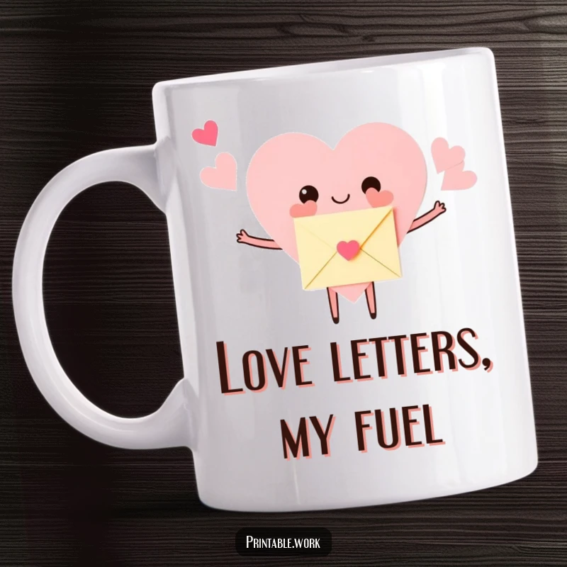 Funny Mug featuring a paper heart character with arms wide open, affectionately hugging a small envelope. A symbol of loving gestures.