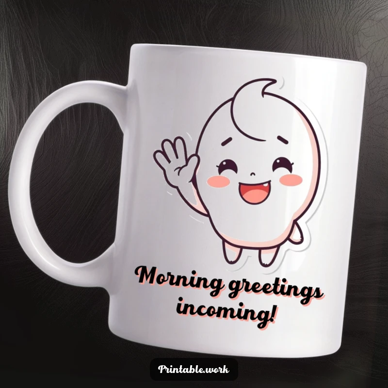 Funny waving sticker mug featuring a cute, happy character with a smiling face, enthusiastically waving hello, perfect for cheerful moments.