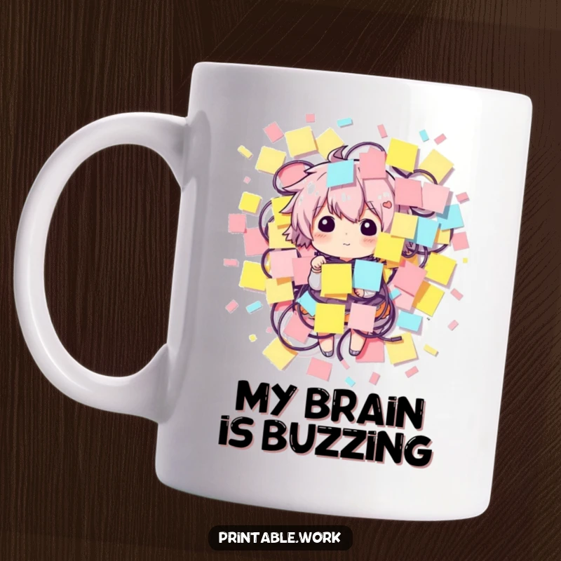 Funny mug showing a character comically entangled in an excessive amount of colorful sticky notes, representing busy minds.