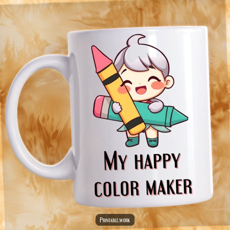 Funny mug with a happy character joyfully holding a large, vibrant crayon, ready to bring color to life.