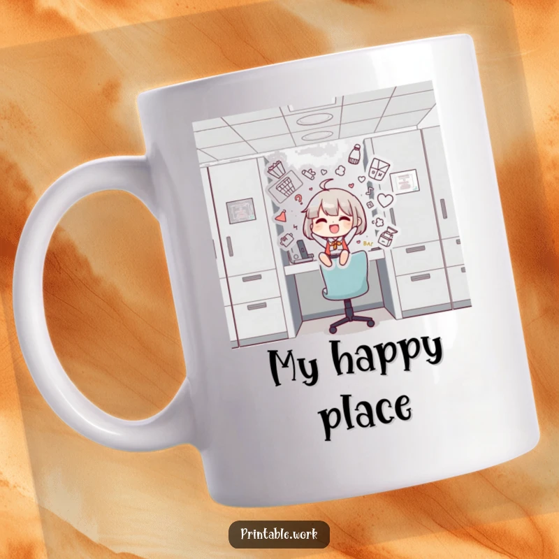 Funny mug showing a happy character adding silly drawings to a cubicle, celebrating creativity and workspace personalization.