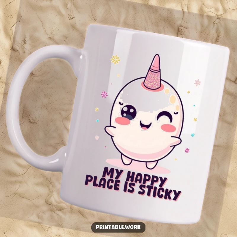 Funny mug with a happy glitter glue character dispensing shimmering dots, bringing creative energy and humor.