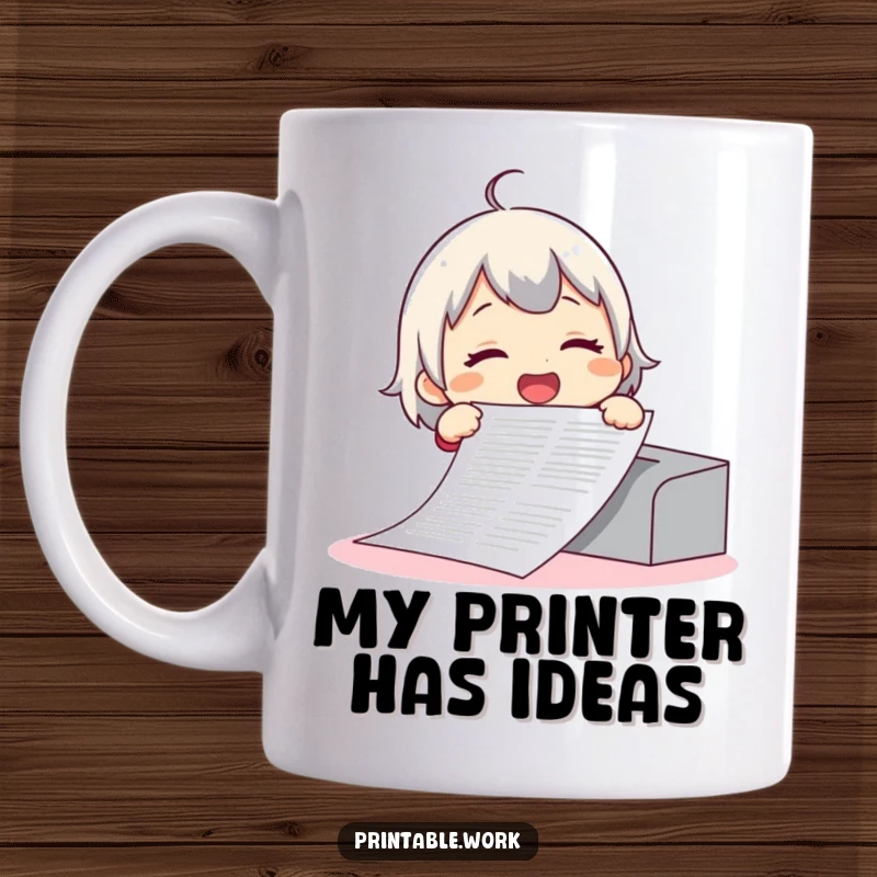 Funny mug showing a giggling character overwhelmed by an absurdly long document printout, a hilarious office mishap gift.