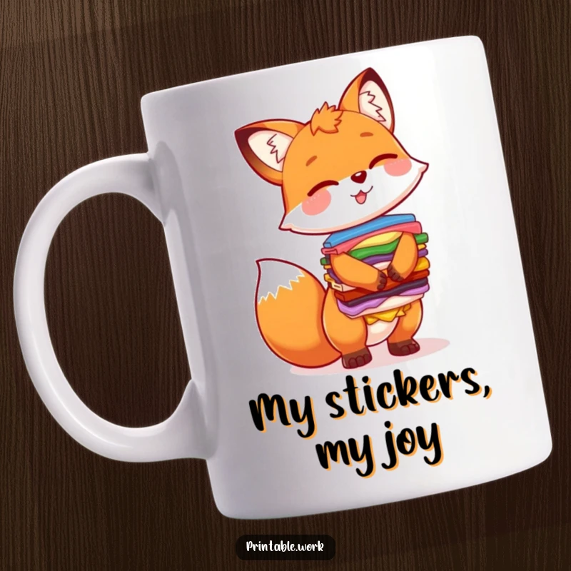 Funny mug with a giggling fox character humorously balancing a tall stack of vibrant, colorful stickers, showcasing a playful and mischievous personality.