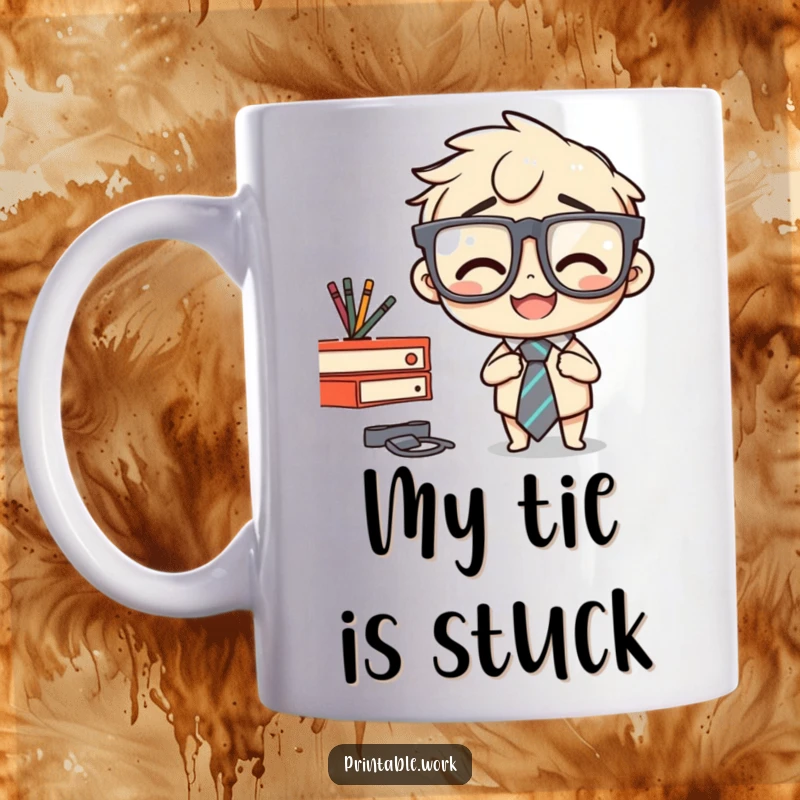 Funny mug featuring a smiling character in big glasses, humorously stapling their tie to the desk, showing office chaos.