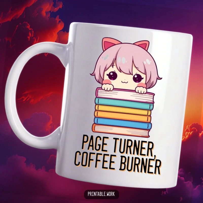 Funny mug with a cute character peeking from behind a colorful stack of books, expressing shy joy and a love for reading.