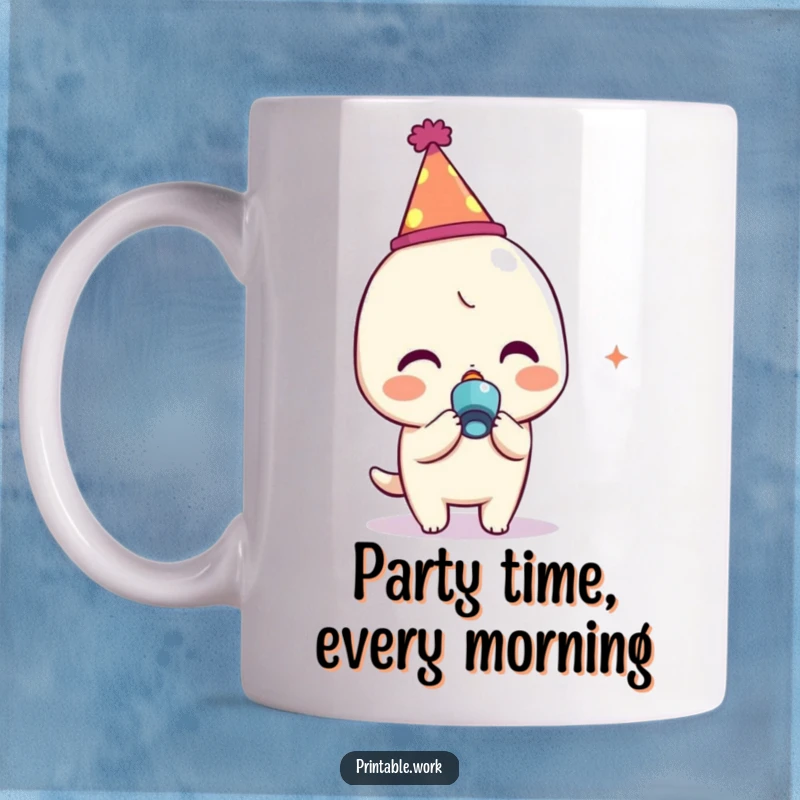 Funny Kawaii character in a party hat, joyfully blowing a noisemaker, celebrating with excitement, perfect for party lovers.