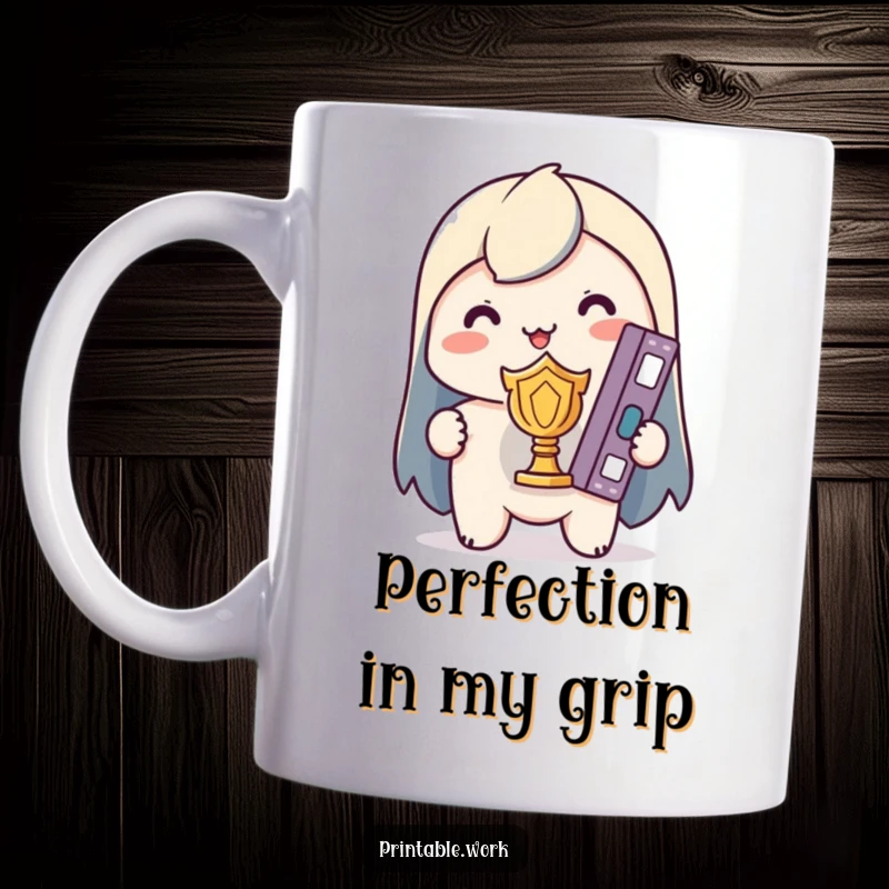 Funny Kawaii Mug: Character proudly holding a single, perfectly organized binder as if it were a golden trophy.