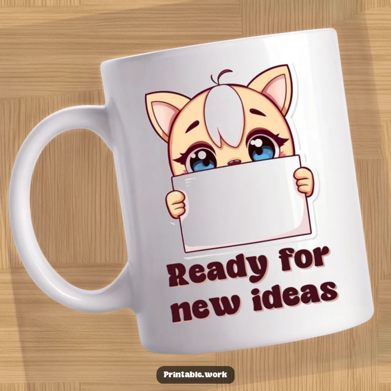 Funny mug showing a curious character with wide, excited eyes looking at a blank page, symbolizing potential and imagination.