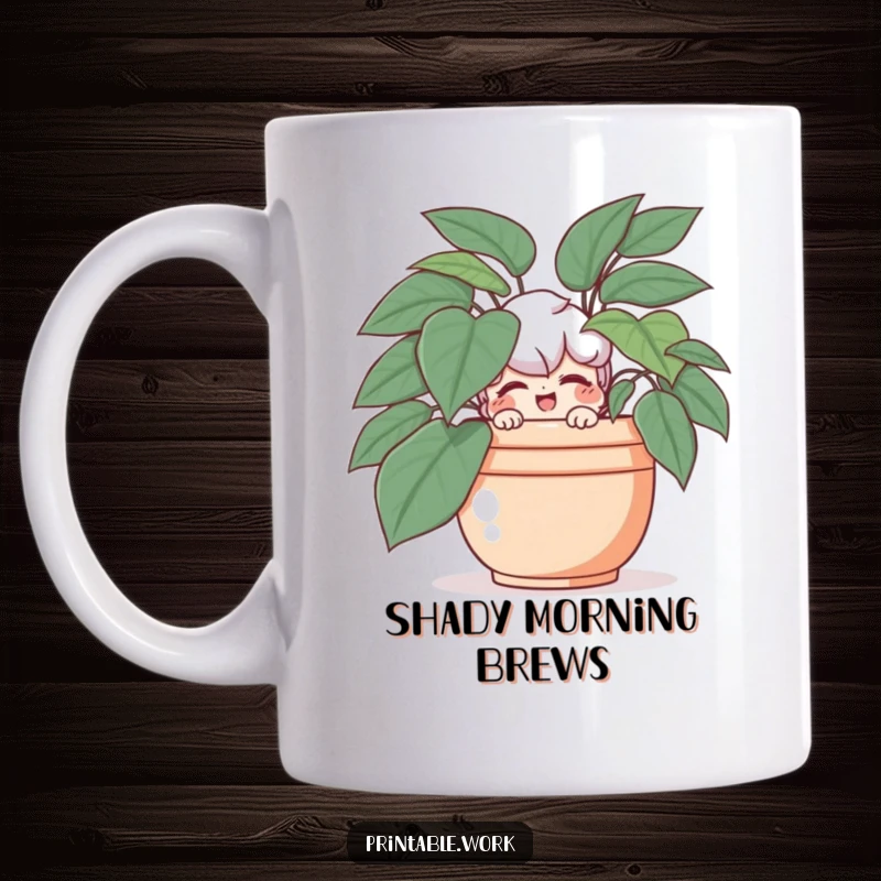 Funny mug with a mischievous character hiding behind a large potted plant, giving a playful wink.