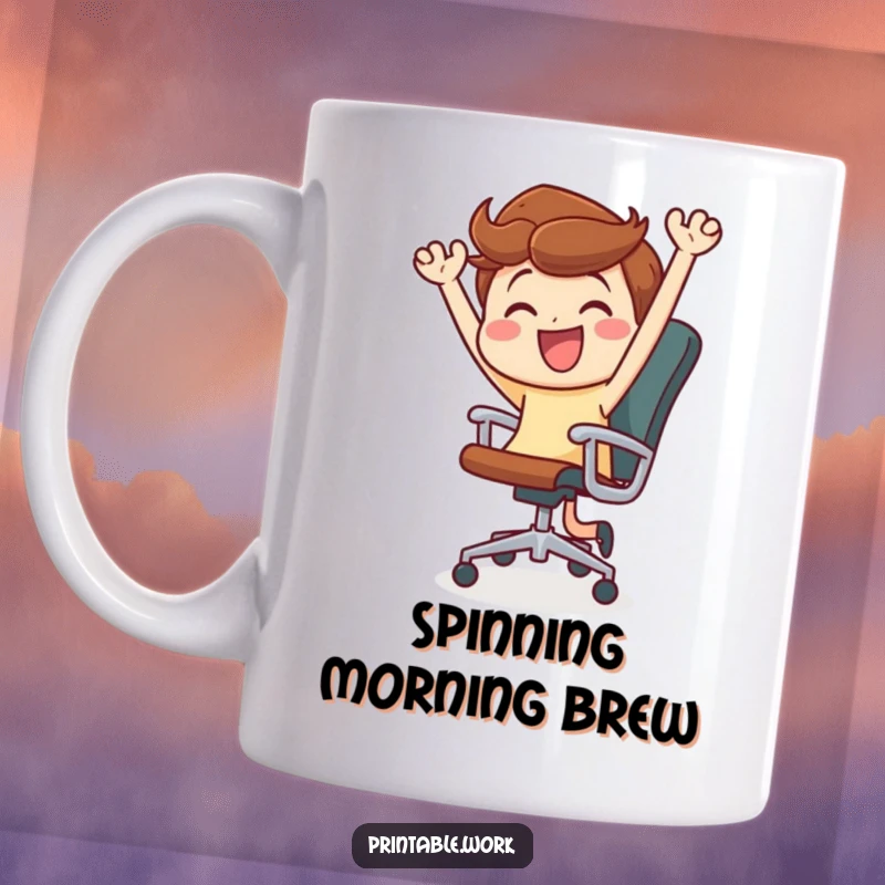 Funny mug featuring a joyful character enthusiastically dancing while spinning in an office chair, depicting pure workplace fun.
