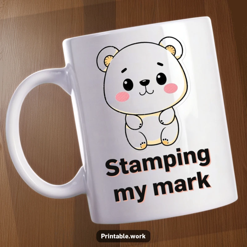 Funny Kawaii bear character happily using ink stamps to create a design, depicted on a fun and artistic mug.