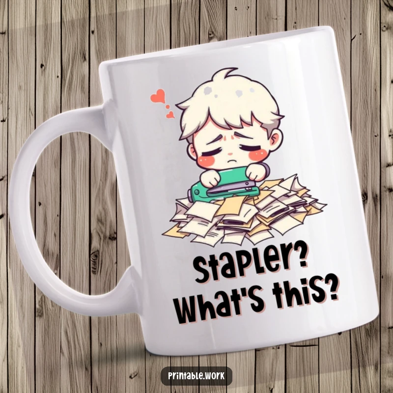 Funny office character mug, confused trying to staple a pile of loose papers, office humor, relatable struggle, perfect funny gift.