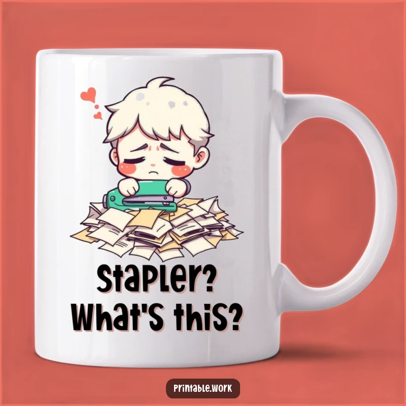 Funny Office Chaos Mug: Confused Stapling Struggle, The Perfect Funny Gift